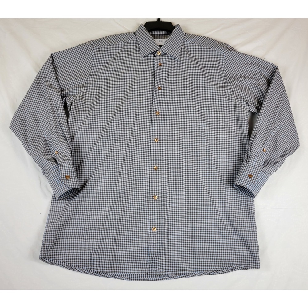 Eton Contemporary Fit Dress Shirt XL 17 43 Blue Brown Gingham Check Cotton